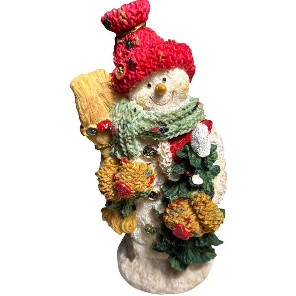 Vintage Charming Snowman Figurine with Broom and‎ Christmas Tree Red Hat Scarf